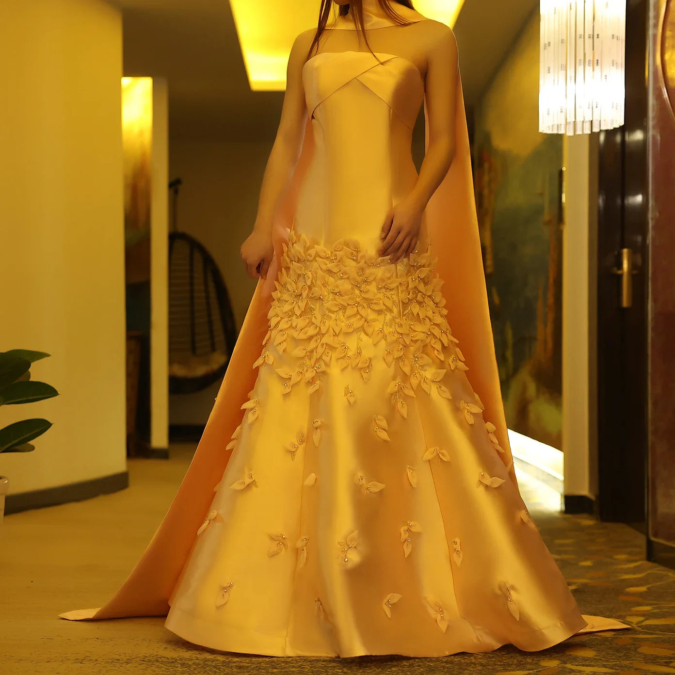 Blush Pink Mermaid Evening Gown with Cape