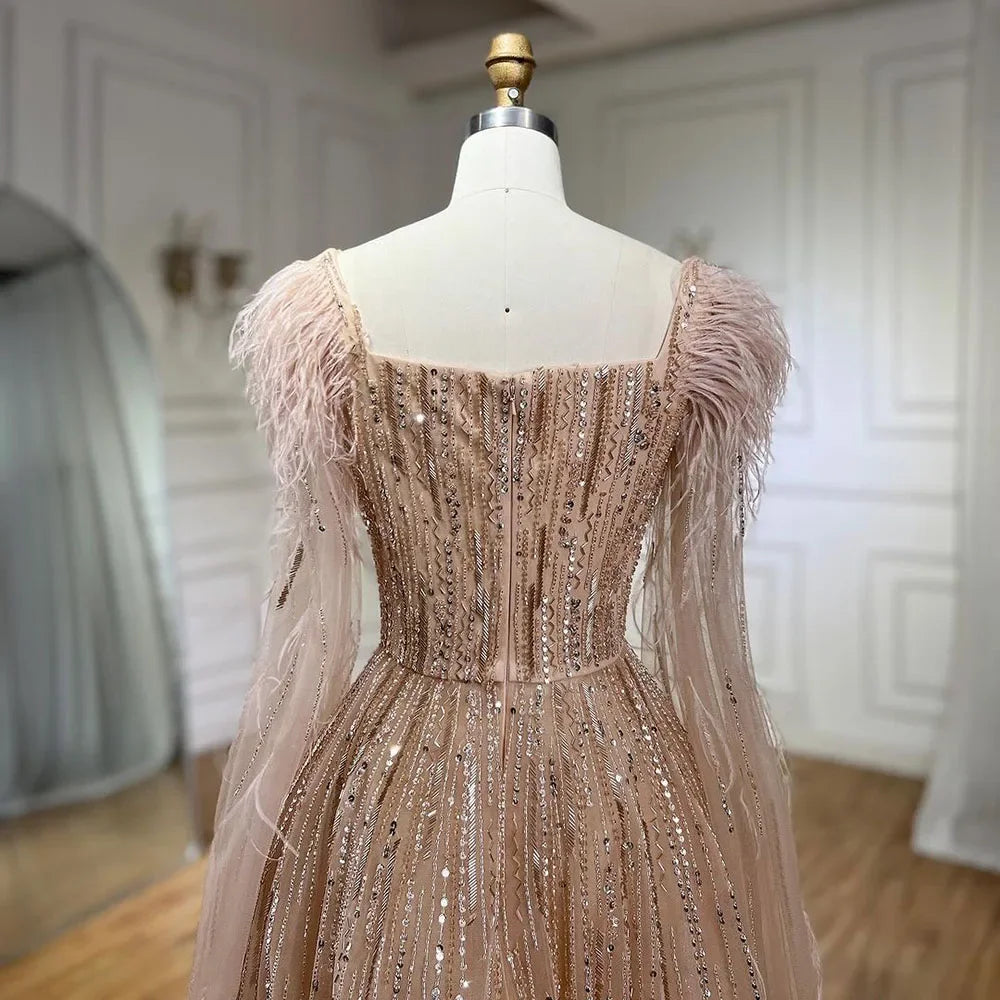 Cape Sleeves Feathers Beaded Evening Dresses