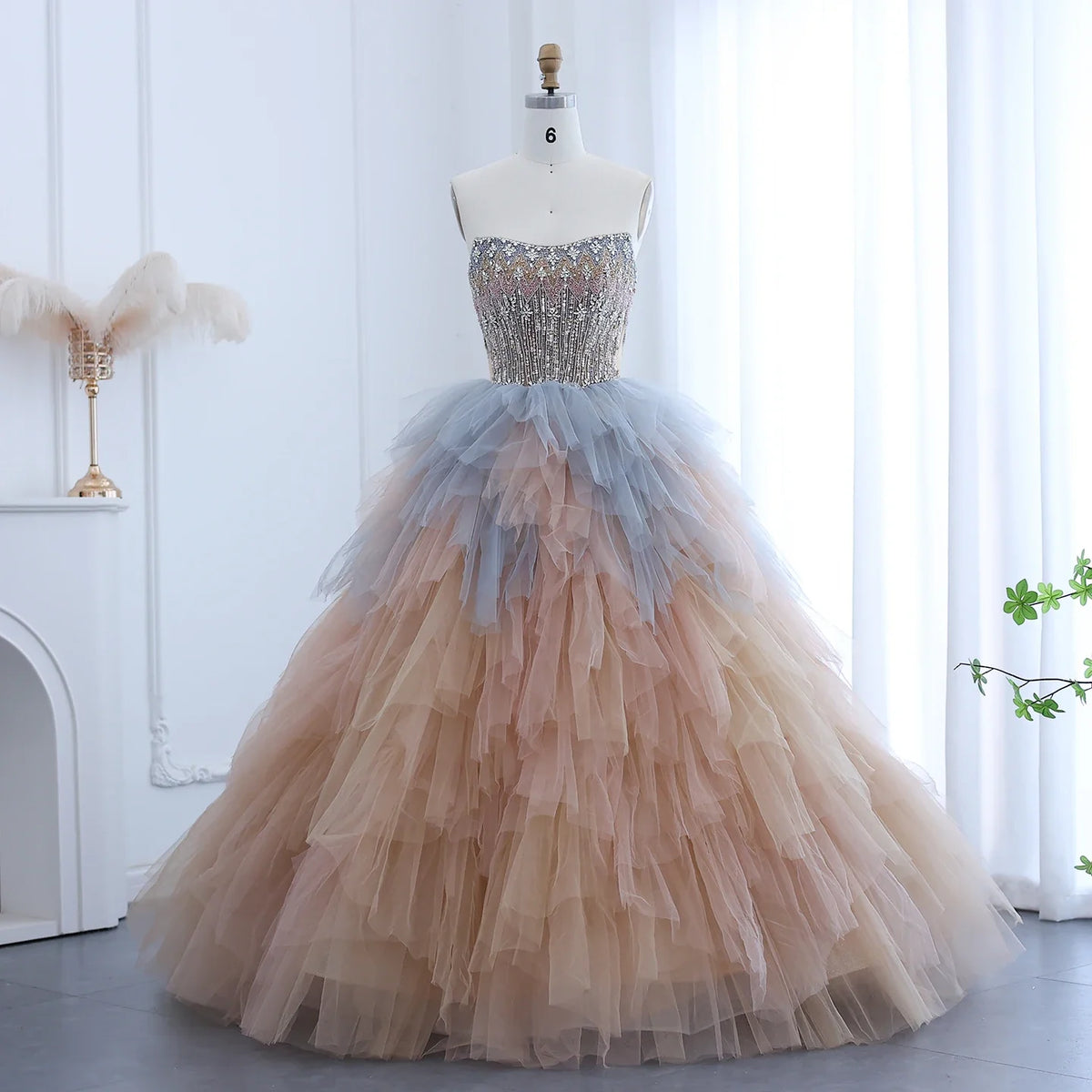 Rose Gold Ruffles Princess Ball Gown Evening Dress