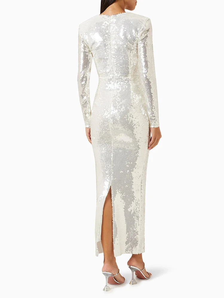 Sequins White Hollow Flower Design Long Dress