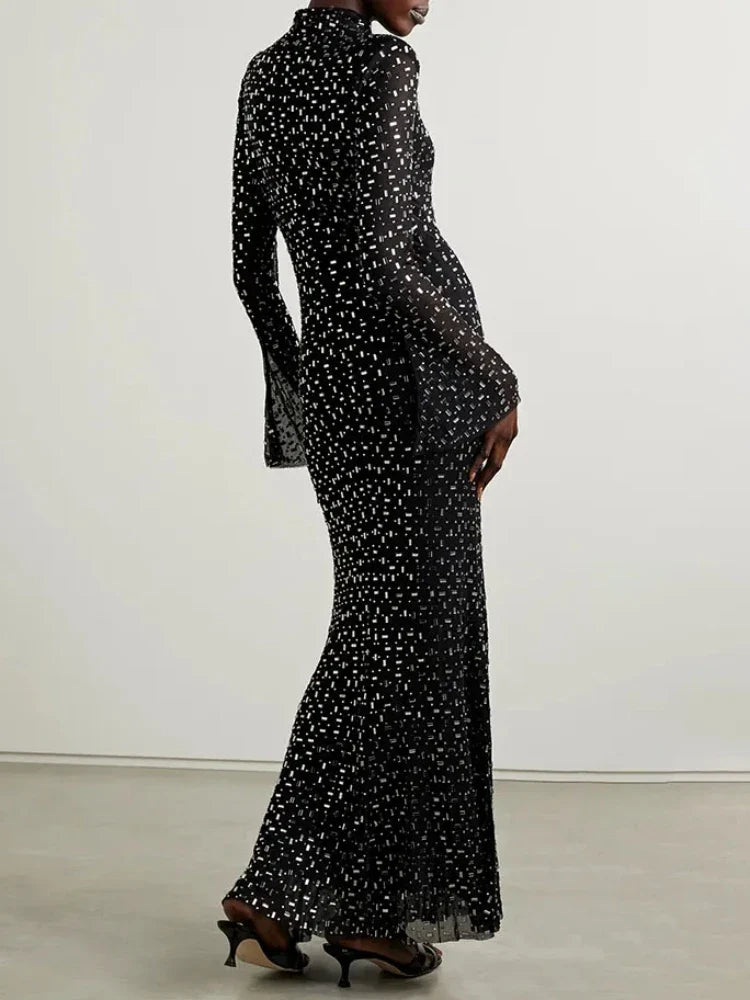 Turtleneck Long Sleeve Mesh Crystal Diamond Black Dress