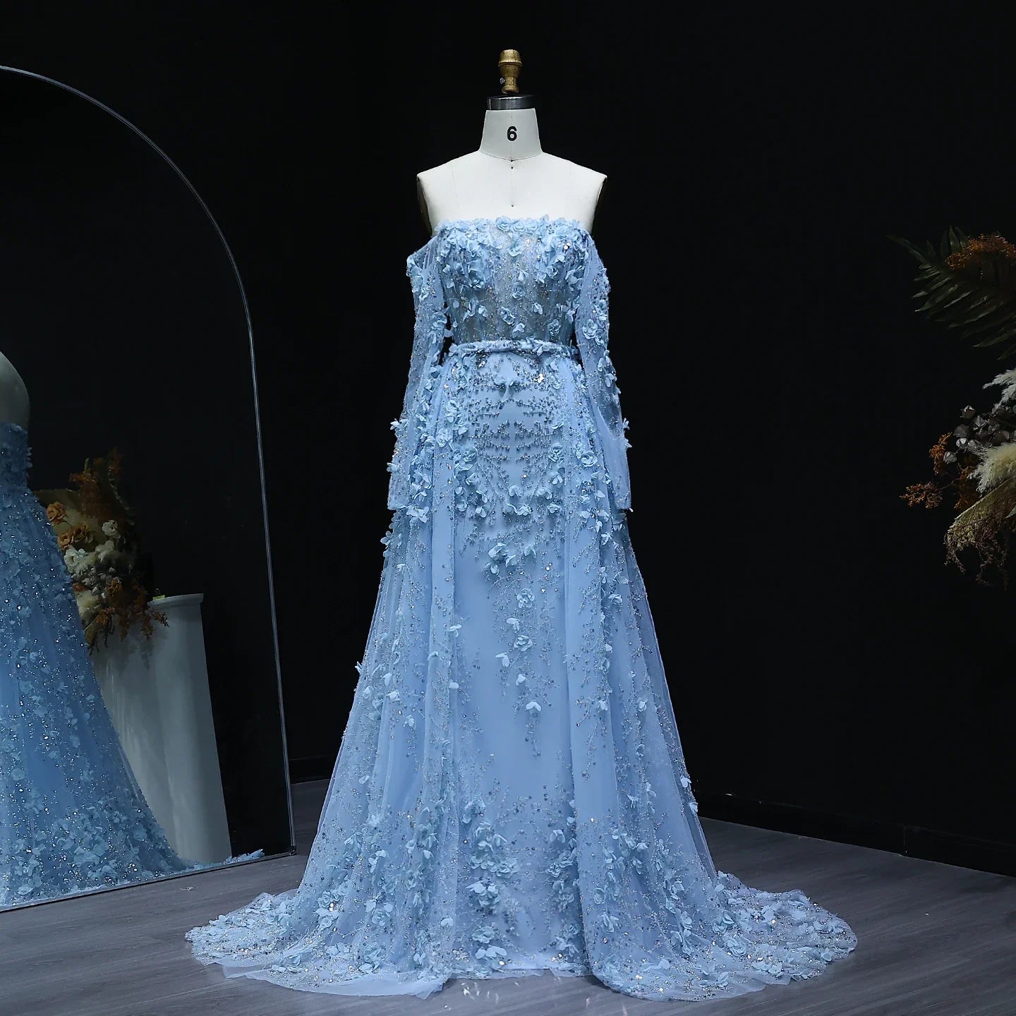 3D Flowers Evening Dress with Overskirt Long Sleeves AmiEmi 3D Flowers Evening Dress with Overskirt Long Sleeves AmiEmi