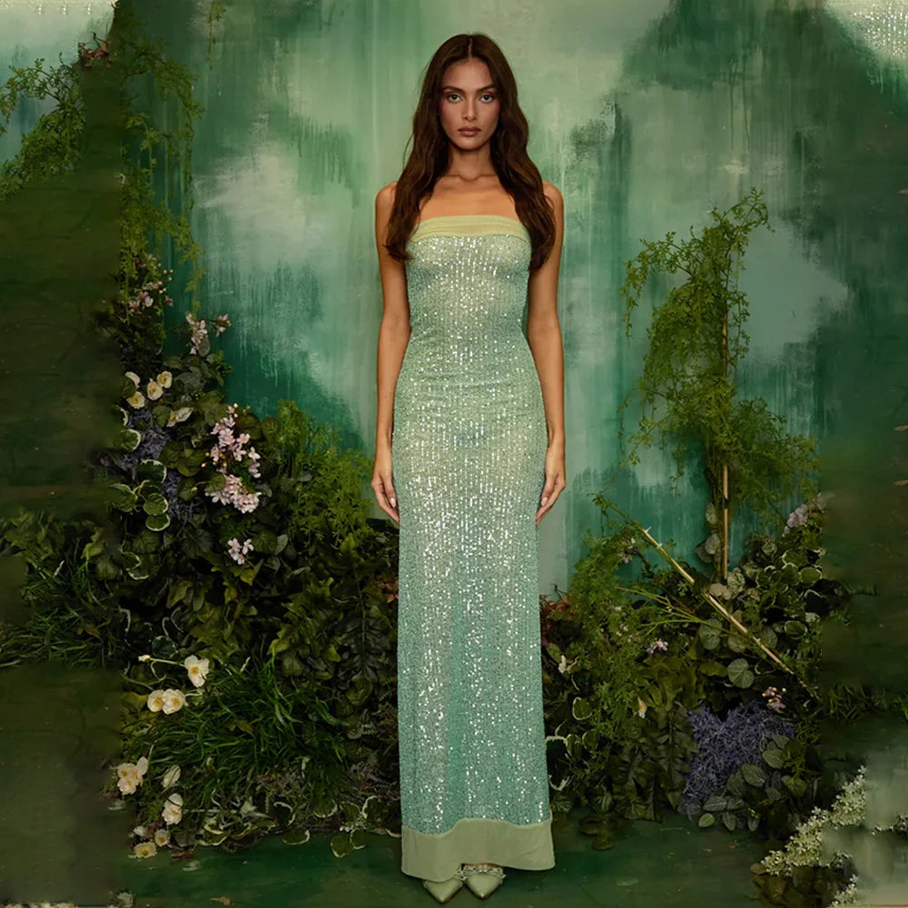 Strapless Sequin Slit Backless Dress