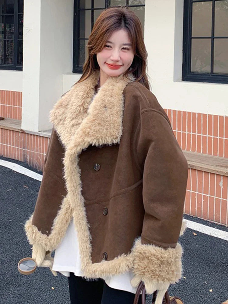 Lapel Full Sleeves Spliced Faux Leather Coat
