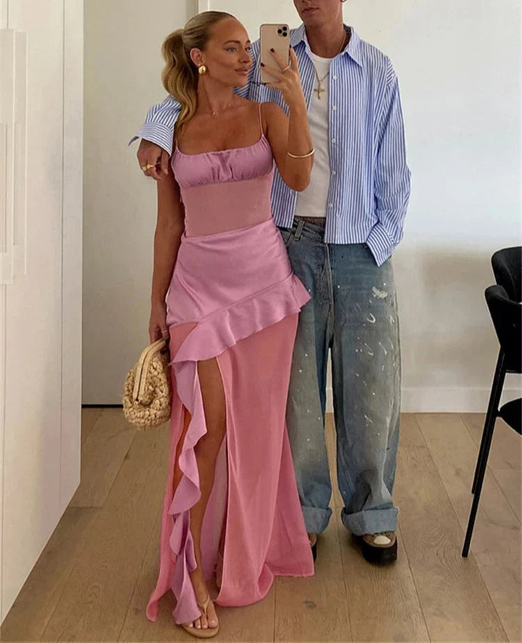 Pink Satin Patchwork Mesh Ruffle Slit Midi Dress