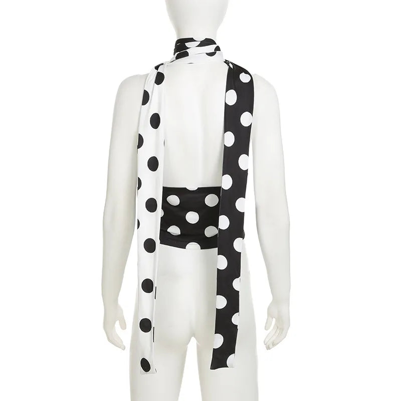 Contrast Polka Dot Cross Scarf Vest Two Wears Short Top