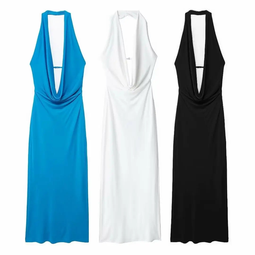 Off Shoulder Folds Hanging Neck Long Dress