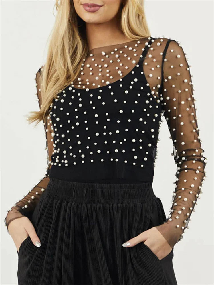 Long Sleeve Mesh Sheer Lace Pearls Top