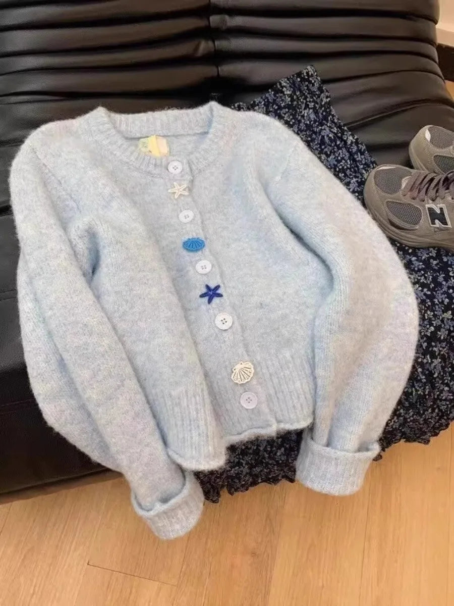 Long Sleeve Starfish Shell Button Sweater