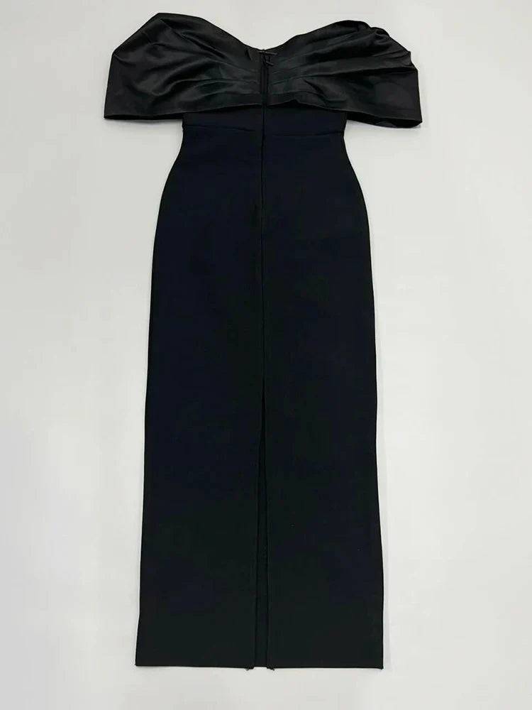 Off Shoulder Black Pleated Sleeves Crystal Dress