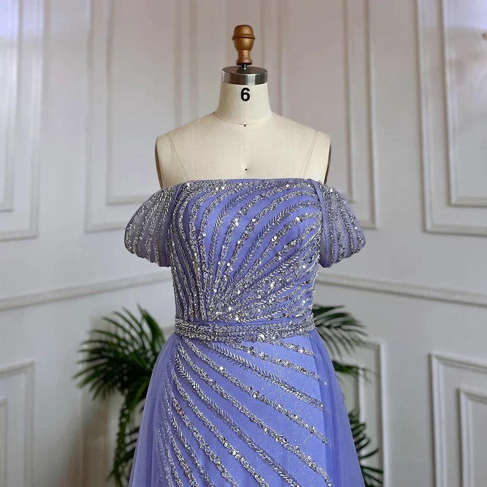Boat Neck Split Mermaid Elegant Beaded Gowns