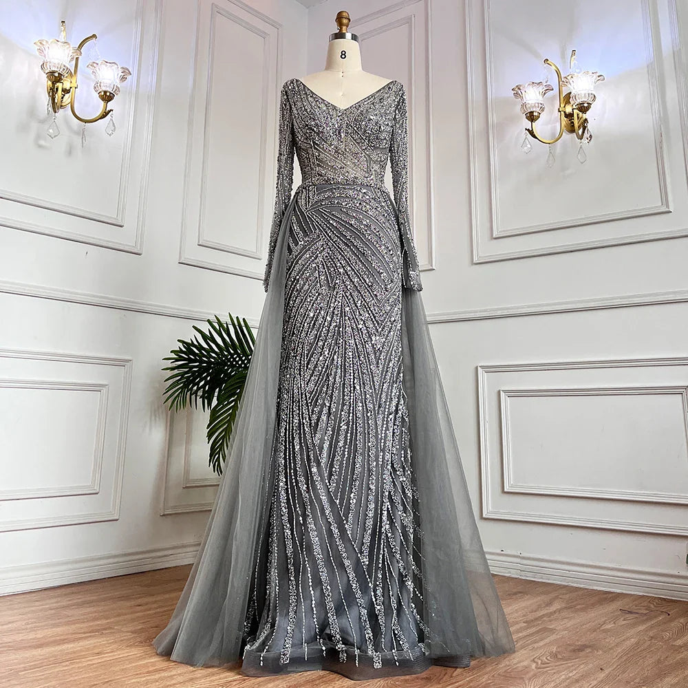 Blue Mermaid Beaded Long Sleeves Evening Gown