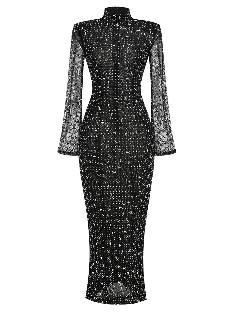 Turtleneck Long Sleeve Mesh Crystal Diamond Black Dress