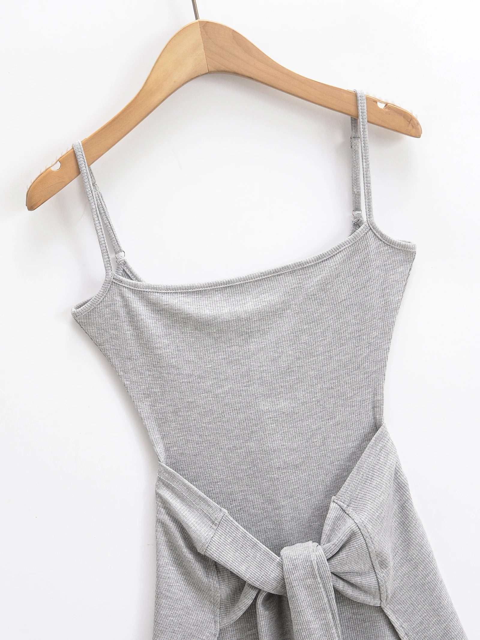 Rib Knitted Sling Bodysuits With Bow Sashes Hem
