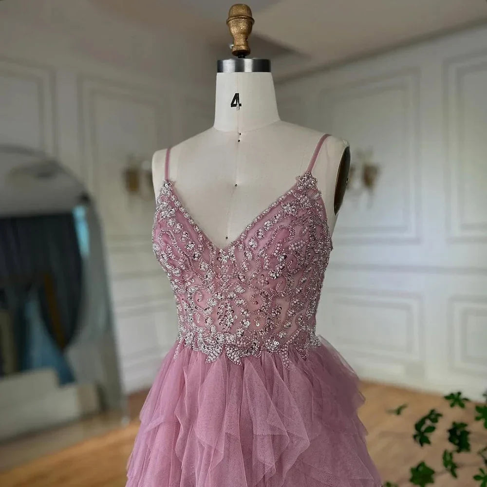 Pink Evening Gown Beaded Bodice and Layered Tulle Skirt