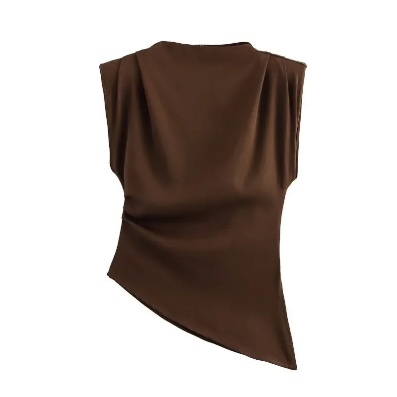Sleeveless Cropped Top Pleated Round Neck Vest T-Shirt