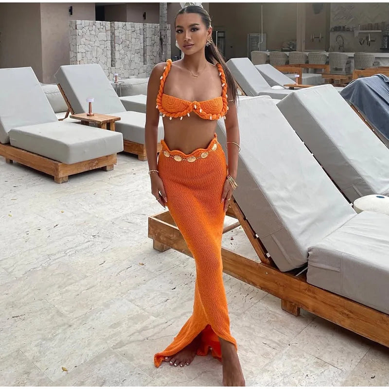 Shell Crop Tops Suit With Split Long Skirt