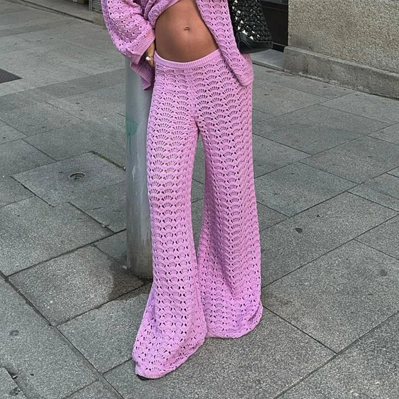 Hollow Out Sweater and Pants Knitting Cardigan Set