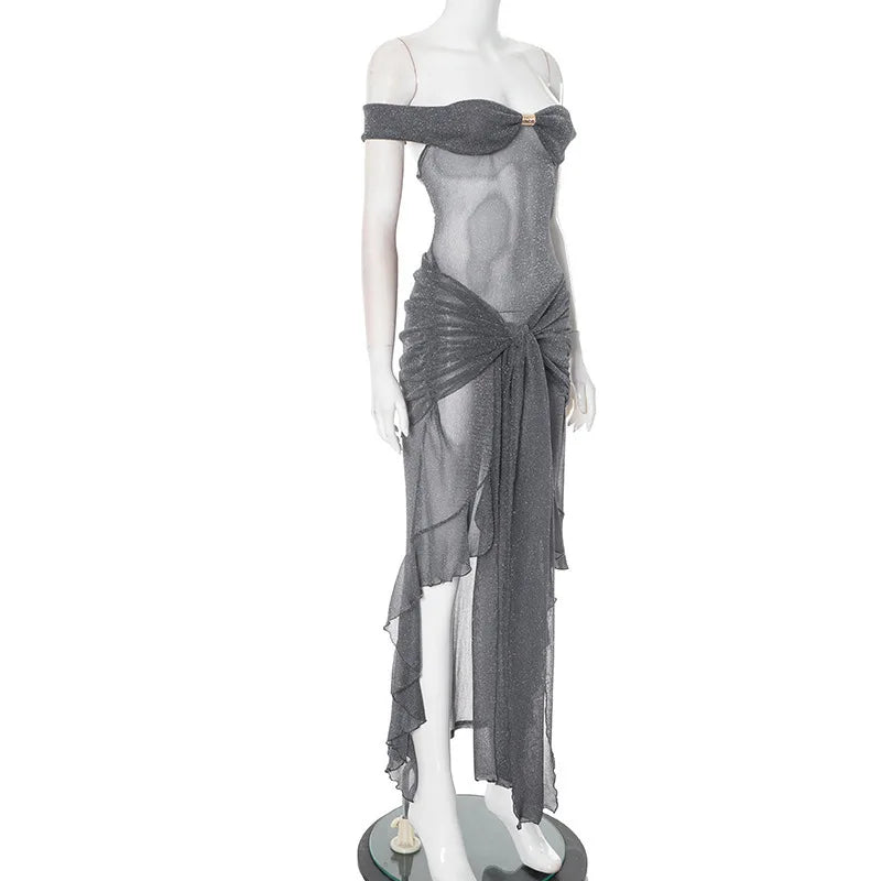 Mesh Ruffled Gray Off-shoulder Long Dress