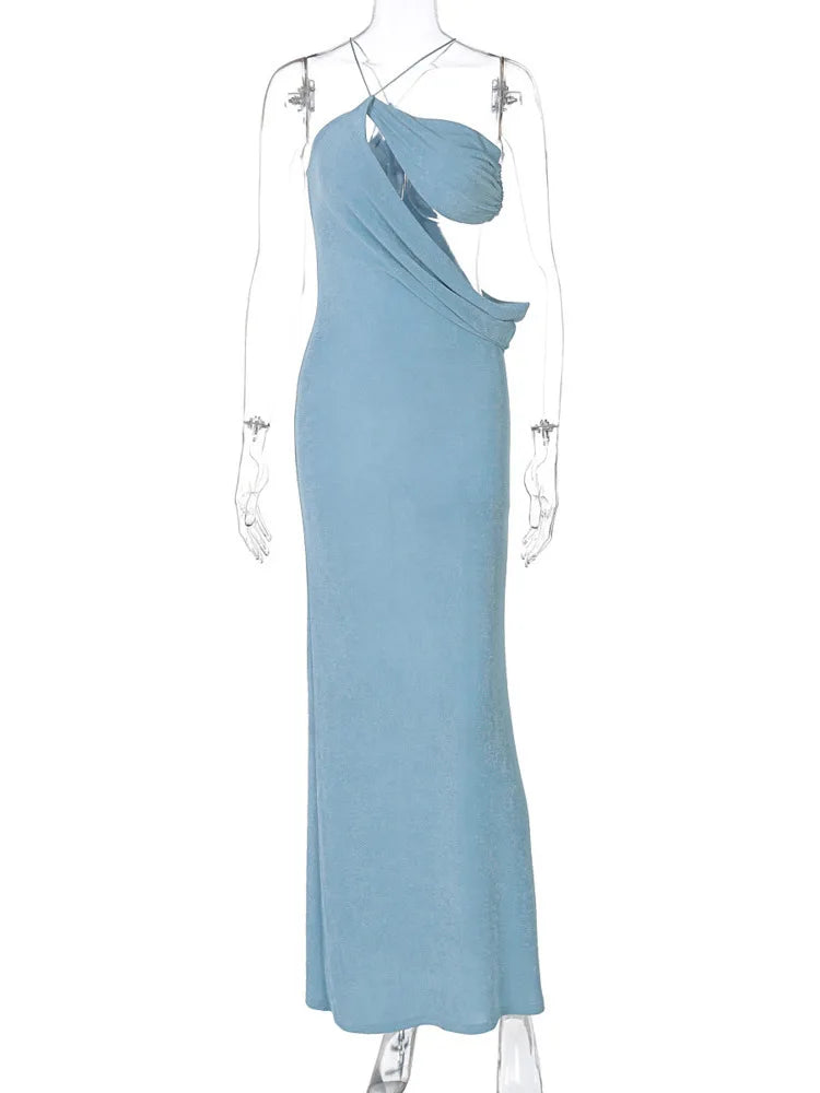 Halter Skew Collar Hollow Out Backless Long Dress