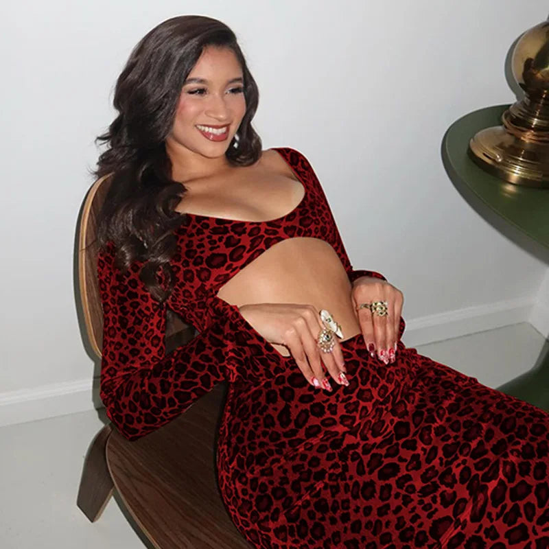 Leopard Print Hollow Out Long Dress