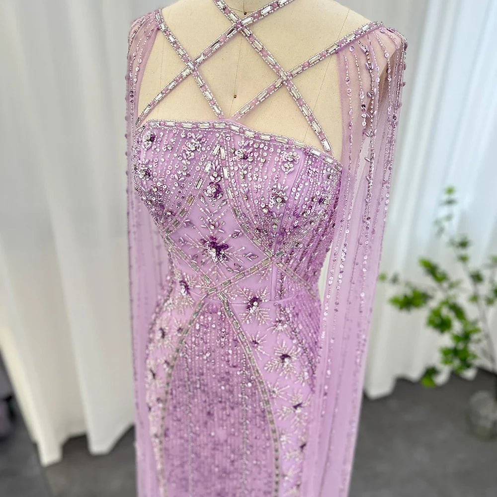 Aqua Mermaid Evening Gown with Cape Sleeves