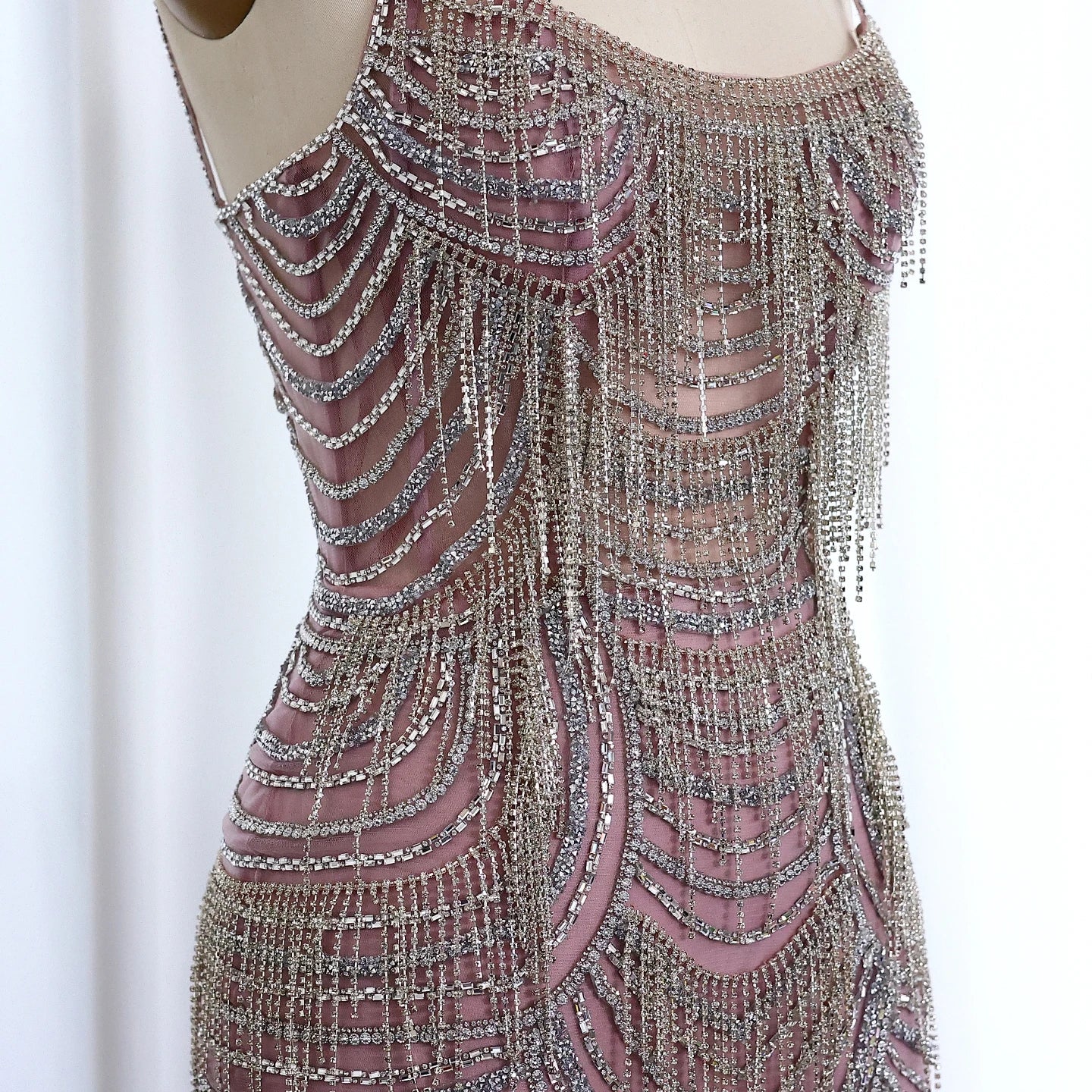 Crystal Tassel Mermaid Spaghetti Straps Gown