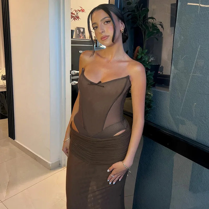 Brown Backless Corset Top Long Skirt Set