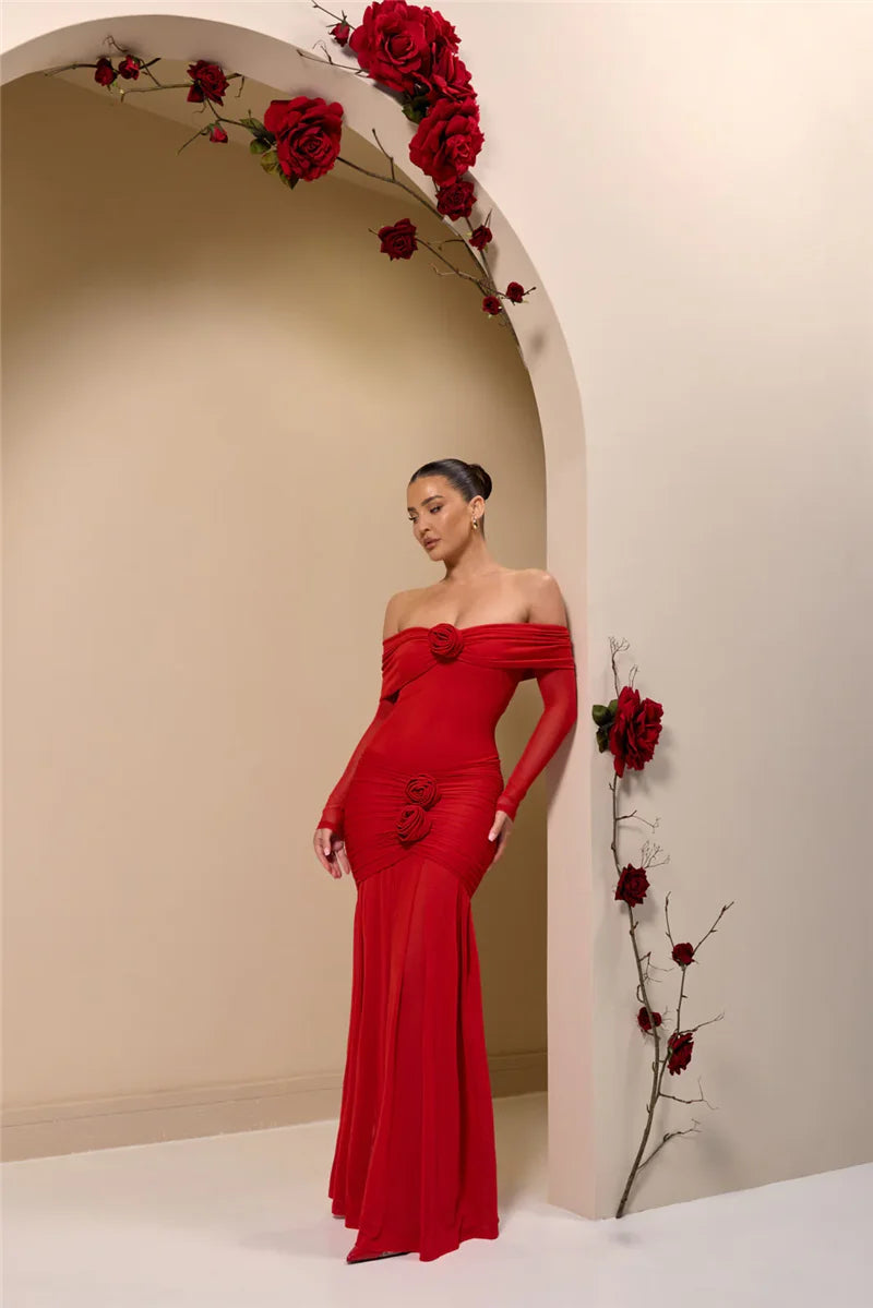 Off-shoulder Strapless Rose Long Sleeve Dress