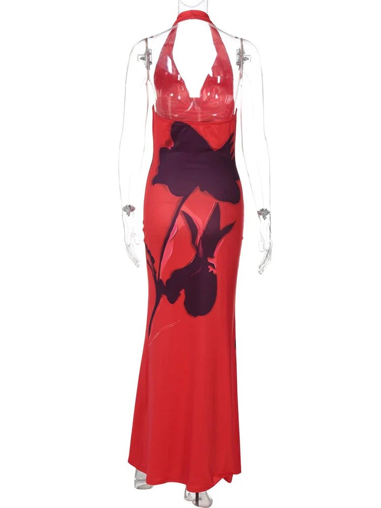 Flower Printed Halter Swinging Collar Long Dress