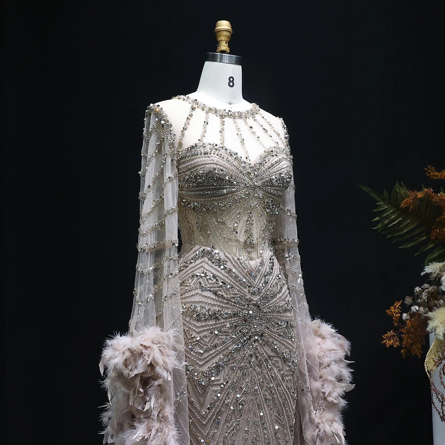 Beaded Mermaid Evening Dress with Feather Cape Sleeves