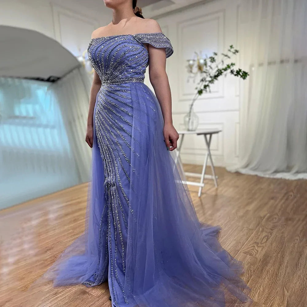 Boat Neck Split Mermaid Elegant Beaded Gowns