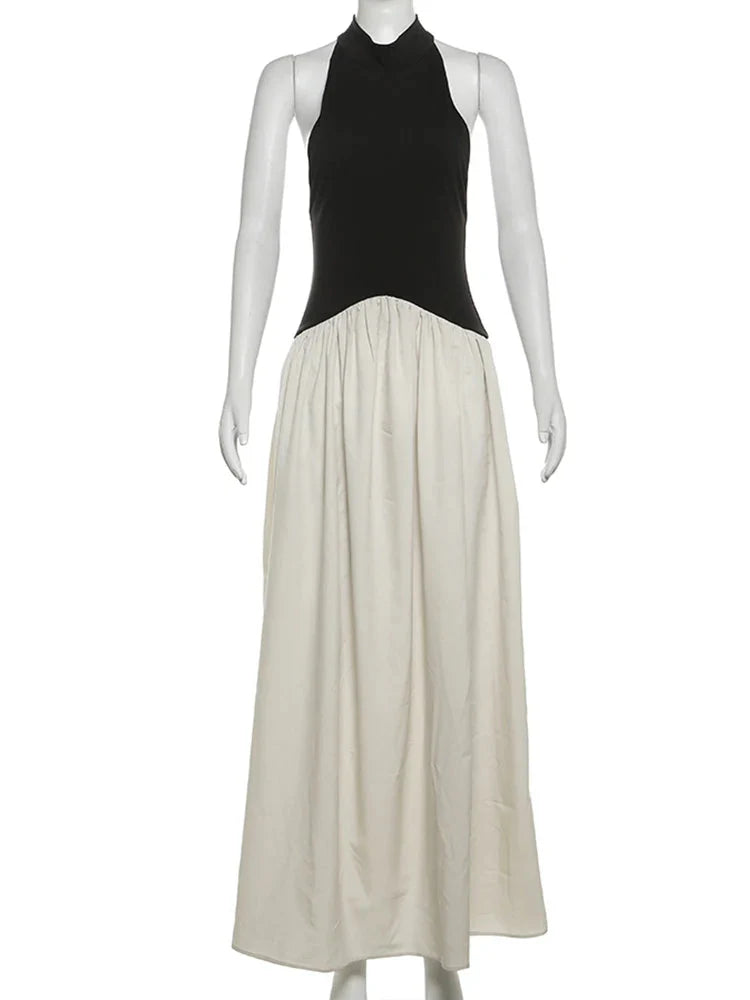 Contrast Patchwork Halter Backless Long Bodycon Dress