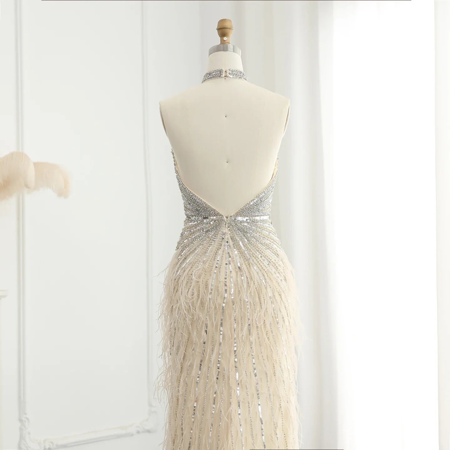 Beaded Feathers Mermaid Halter Backless Gown