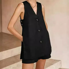 Hollow Button Long Top Elastic Waist Shorts Suit