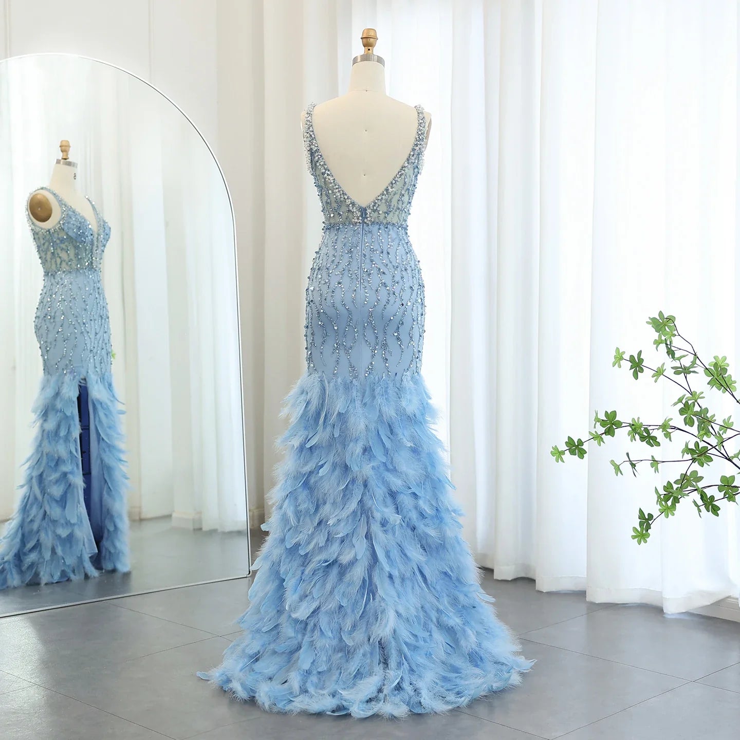 Blue Mermaid Evening Gown with Feather Details