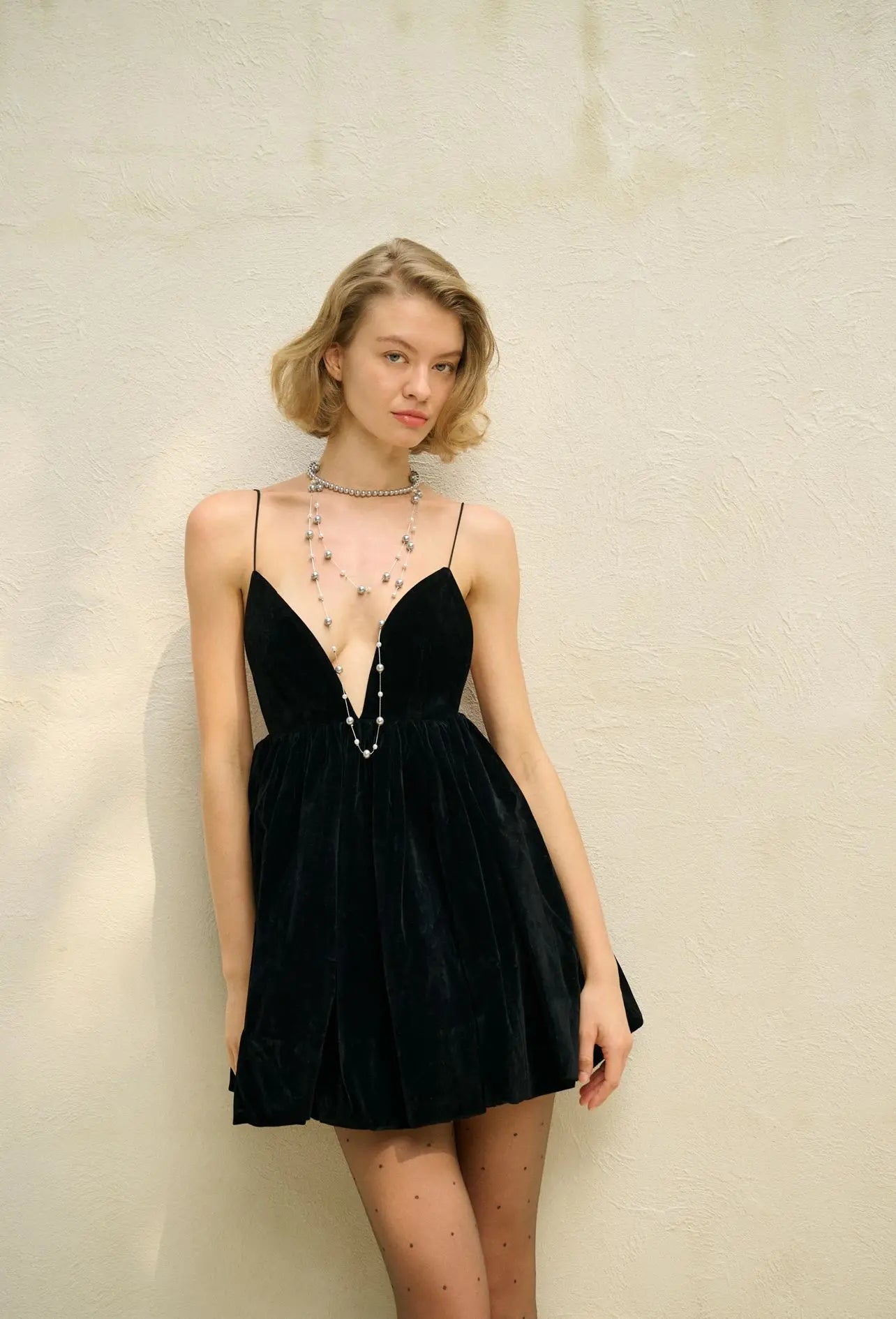 Velvet Deep V Neck Mini Lantern Dress
