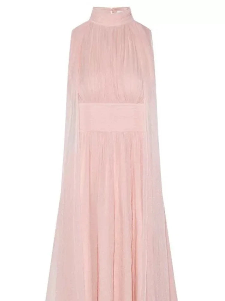 Ribbon Sleeveless Pleated Solid Long Dress