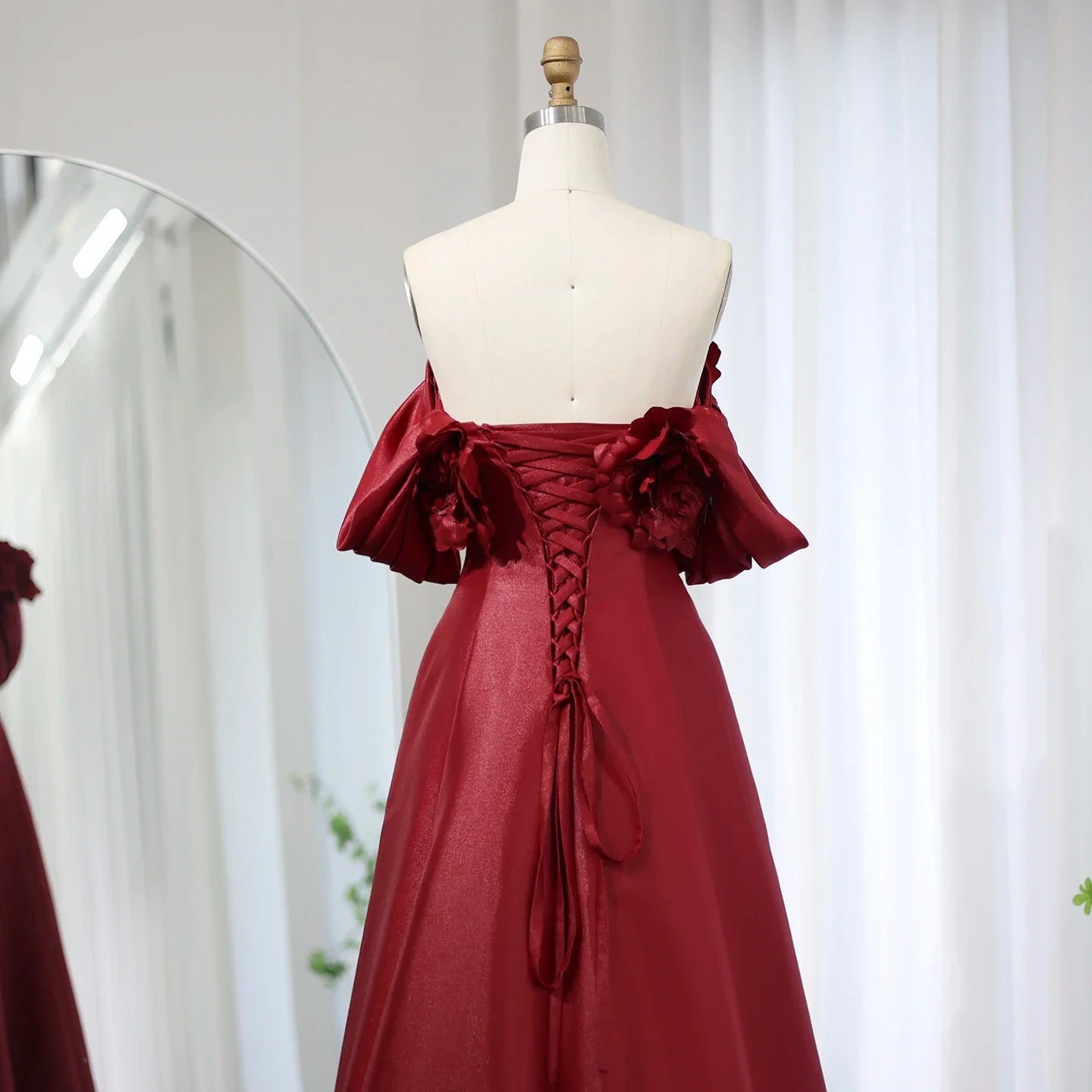 Burgundy 3D Flower Off-Shoulder Satin Evening Dress