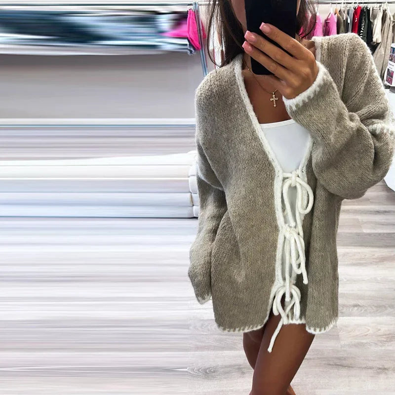 Oversized Hollow Contrast Bow Lace-Up  Knitwear Cardigan