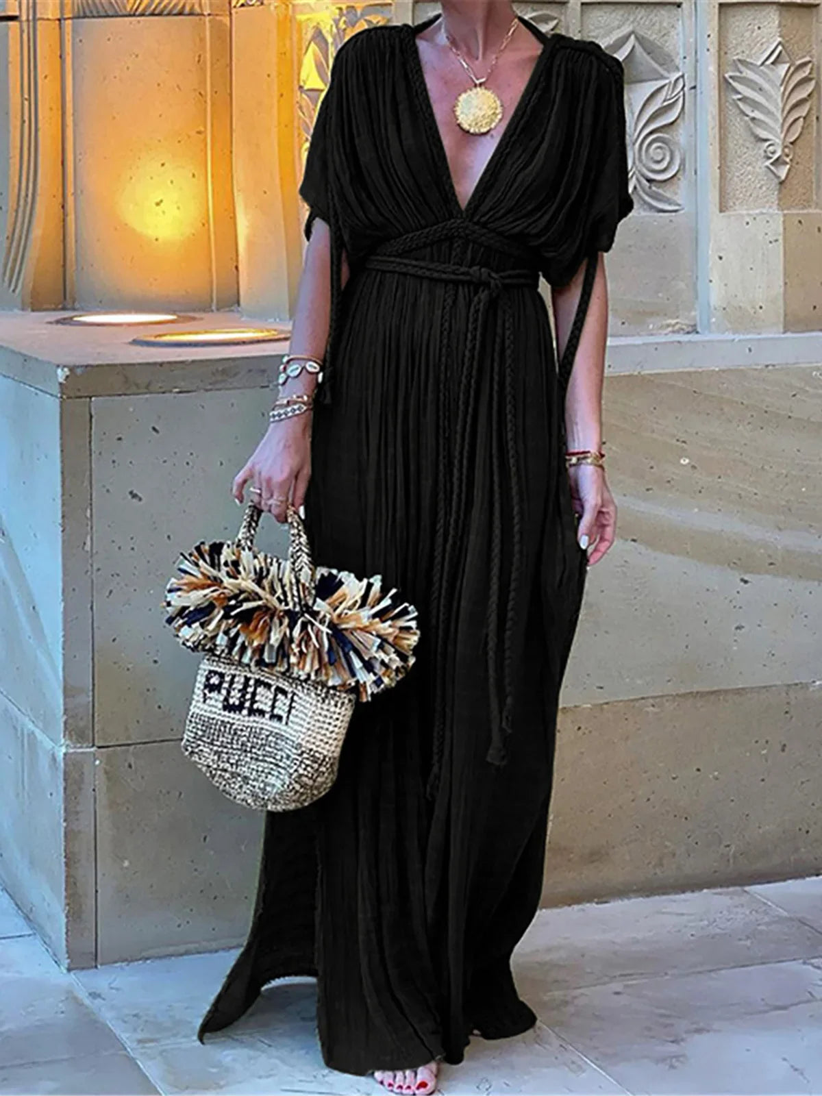 Solid Split Pleated Bandage Long Dress