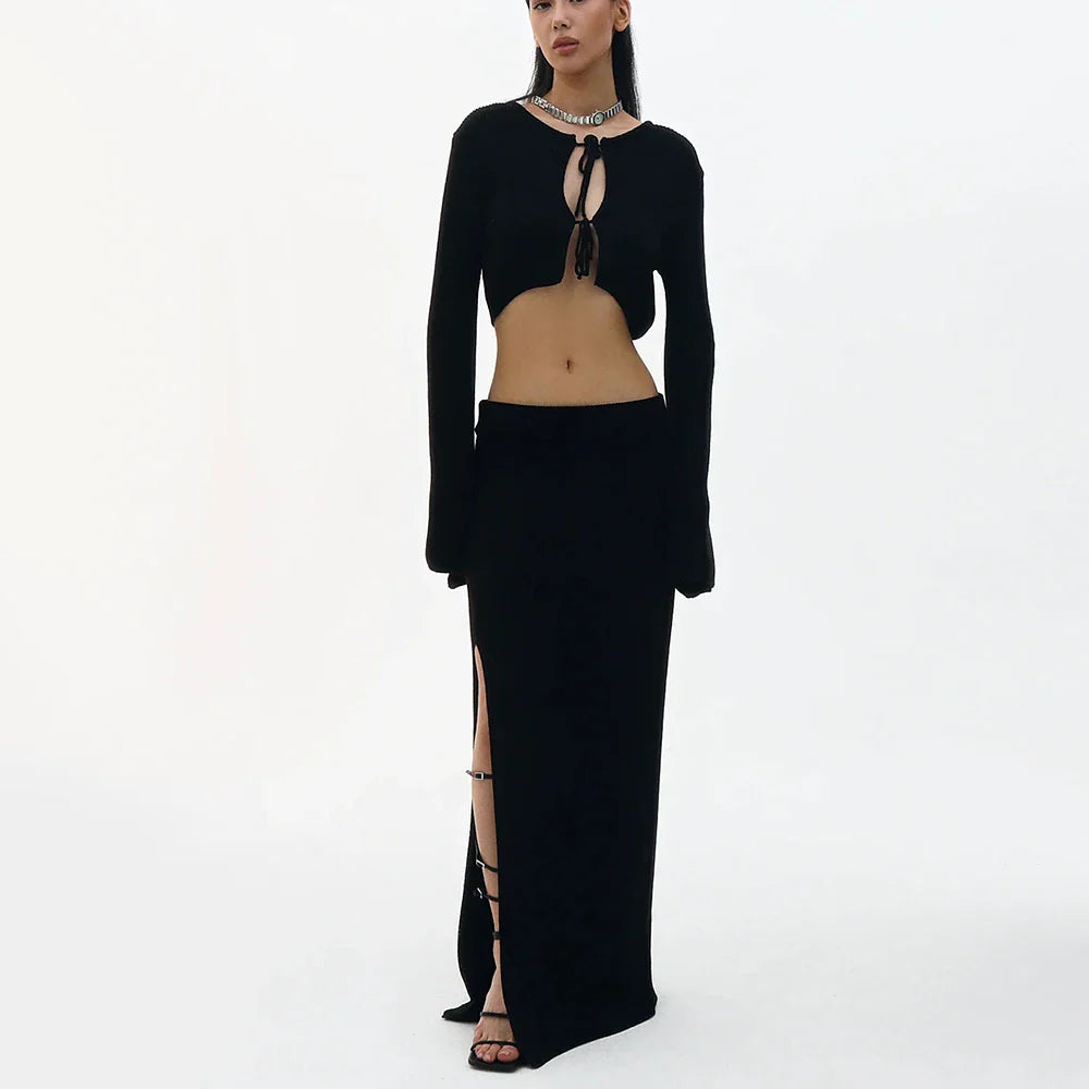 Knit Solid Lace-up Cardigan Top Slit Long Skirt Set