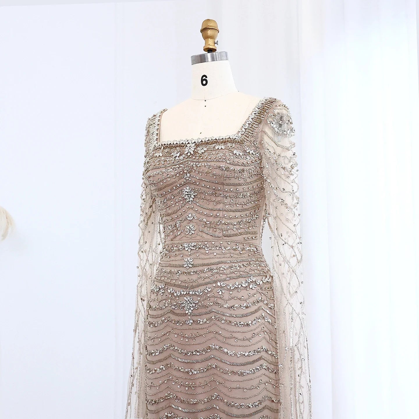 Caramel Square Neck Mermaid Evening Dress Cape Sleeves