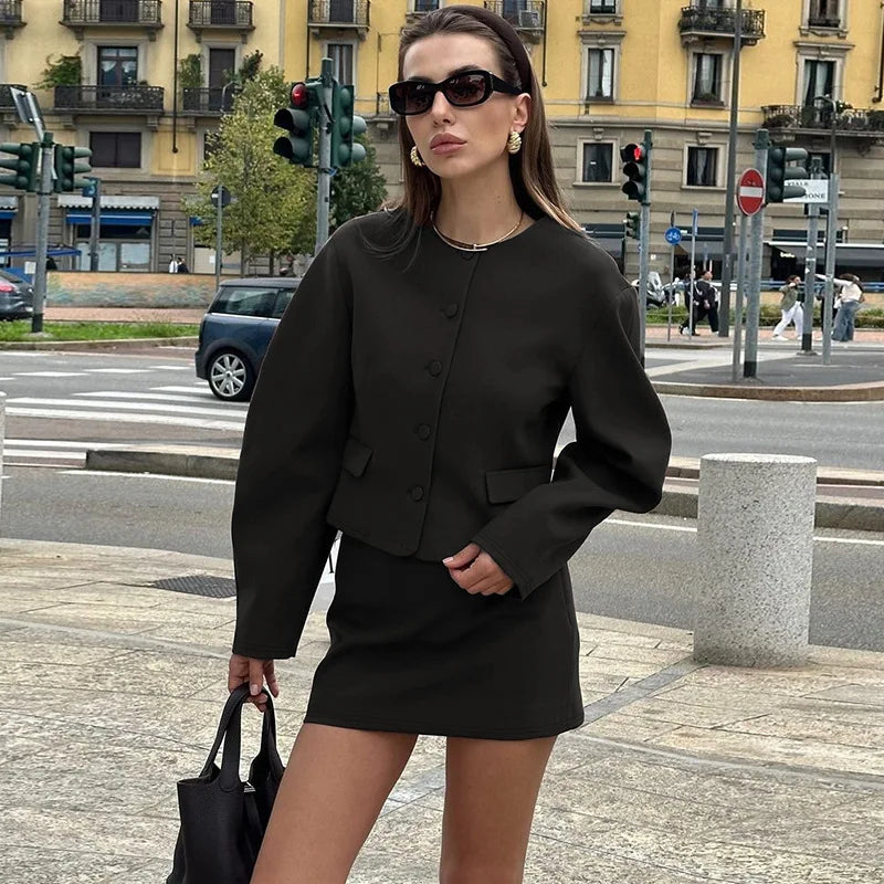 Round Neck Long Sleeve Jacket Mini Skirt Suit