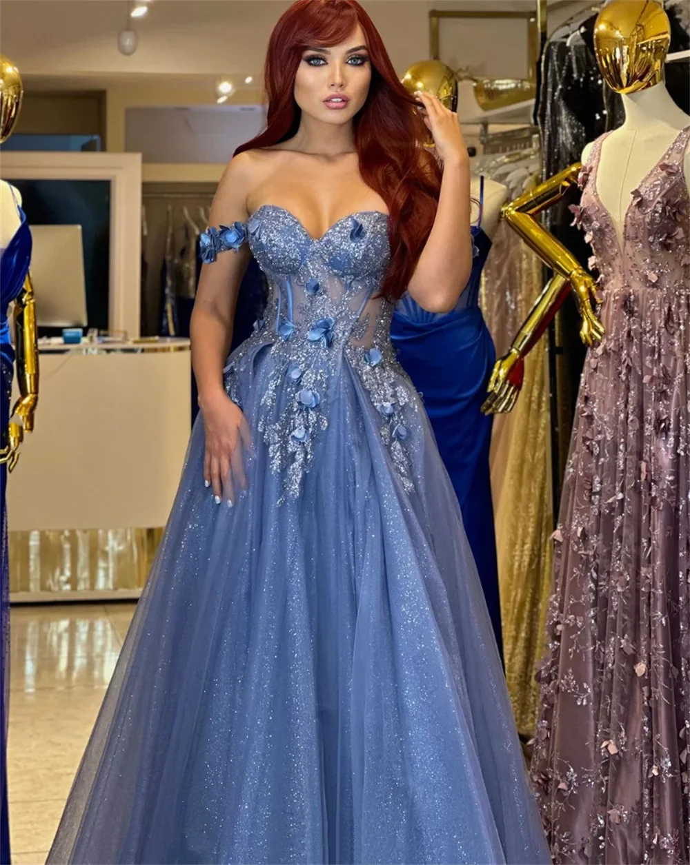 Grey-blue Glitter 3D Flowers Tulle Prom Dress