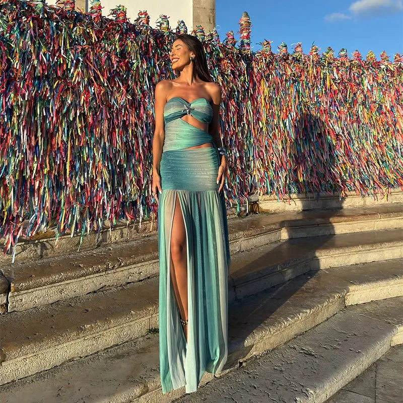 Printed Strapless Hollow Out Side Slit Long Dress