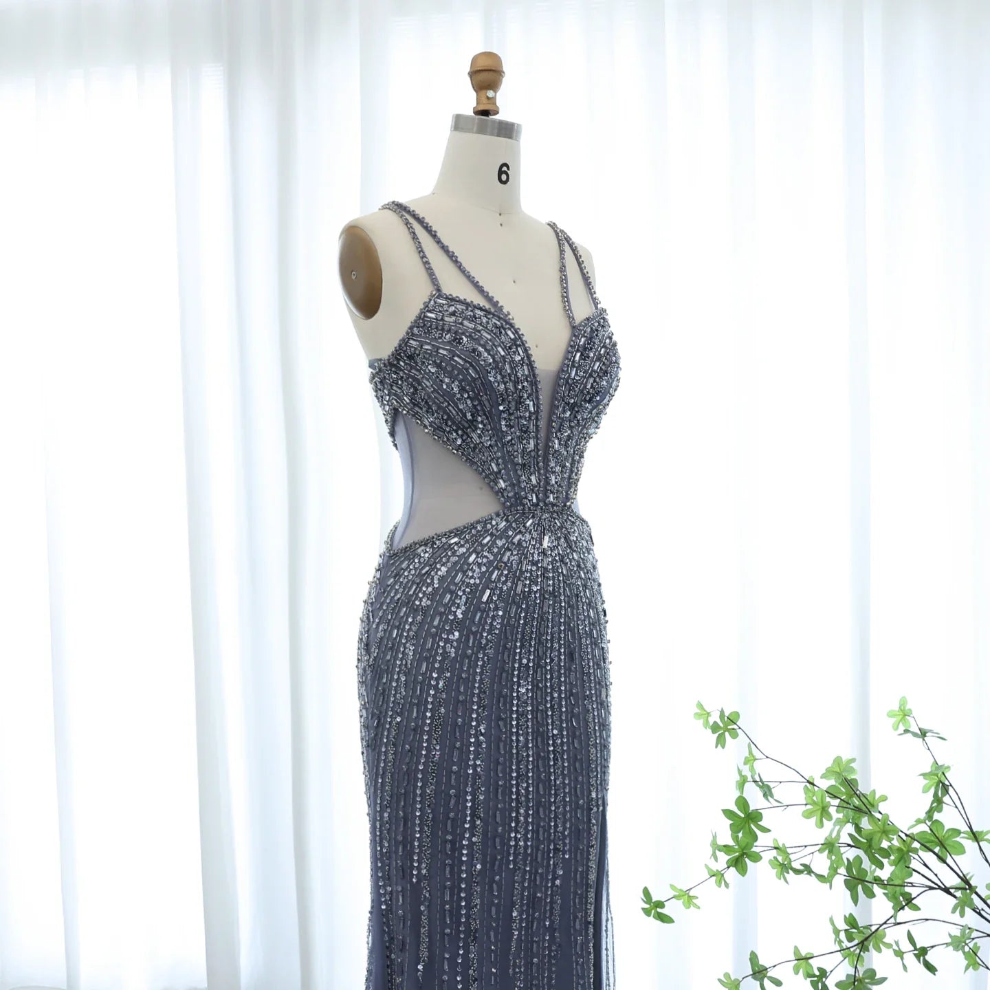 Blue Mermaid Evening Gown with High Slit