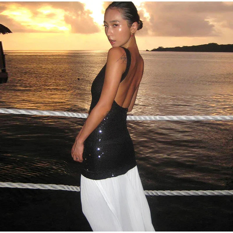 Sequined Patchwork Backless Long Dress