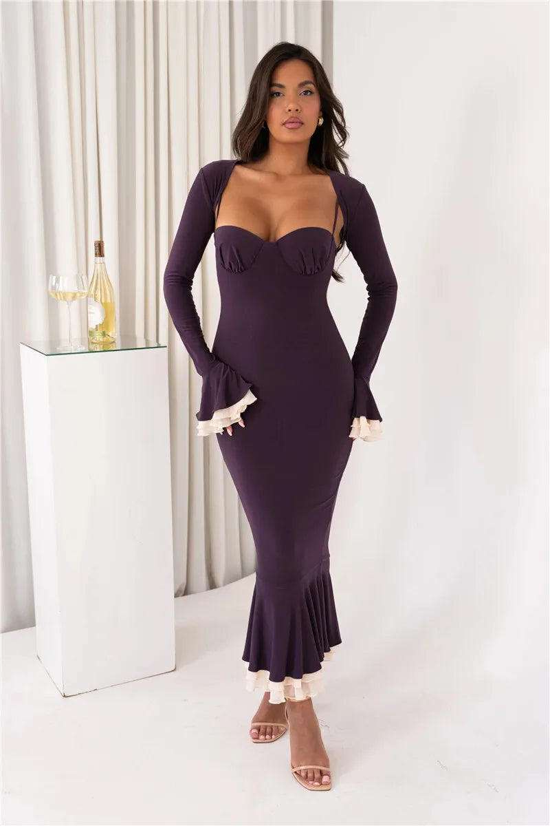Patchwork Square Collar Evening Fishtail Dress