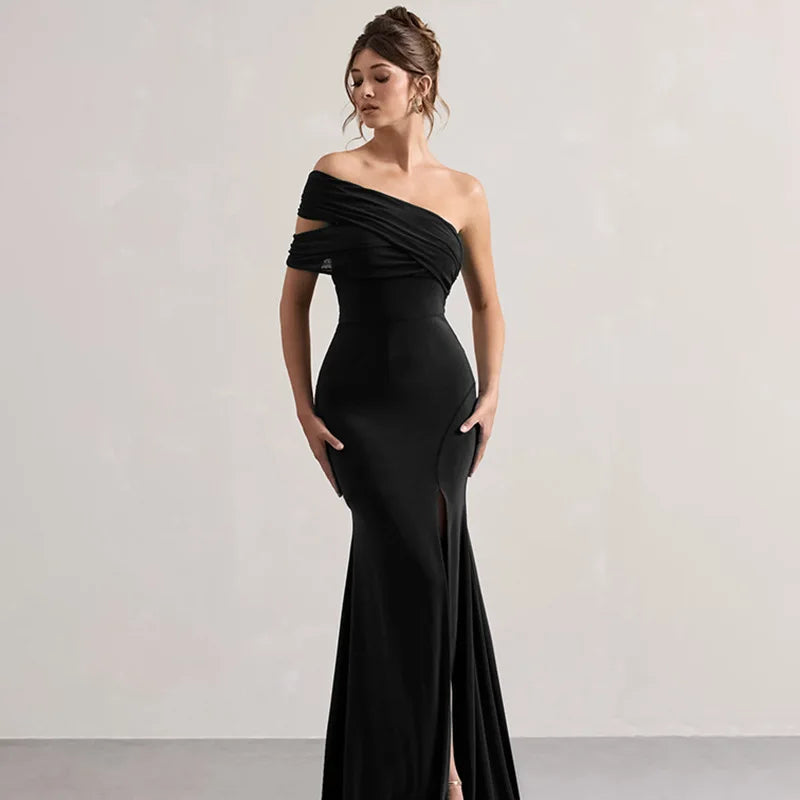 Solid One Shoulder Mesh Slit Long Dress